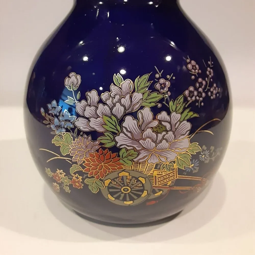 Asian Cobalt Blue Floral Vase Decorative 6.25